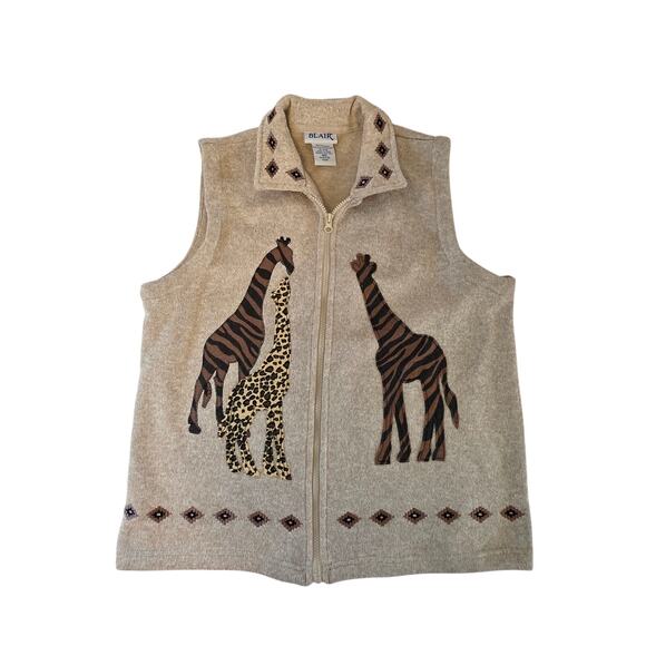 Blair Jackets & Blazers - Blair y2k Giraffe Full Zip Knit Tan Embroidered Applique Sweater Vest Womens M